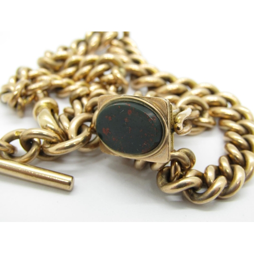 263 - Good quality antique graduated 9ct Albert chain with T-bar and attached 9ct bloodstone fob, chain ma... 