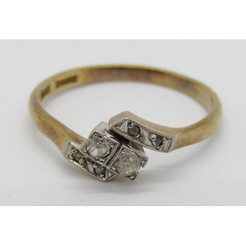 267 - 18ct diamond crossover ring with platinum setting, size O, 2.7g and a further vintage 9ct diamond wi... 