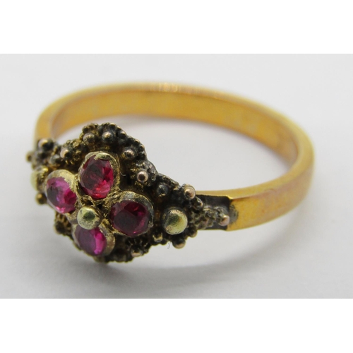 268 - Two antique 9ct cluster rings; a ruby cluster example with cannetille detail, size K, 2.3g and a gar... 