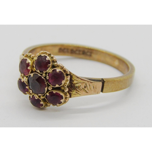 268 - Two antique 9ct cluster rings; a ruby cluster example with cannetille detail, size K, 2.3g and a gar... 