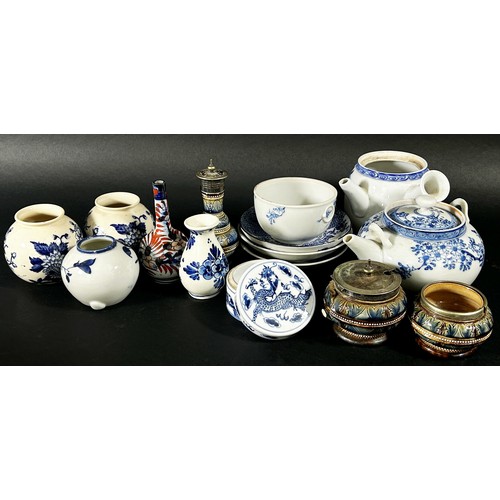 91 - A collection of oriental ceramics to include Japanese teapots, dishes and pots also three pieces of ... 