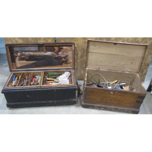 1094 - A Victorian pine blanket chest containing a quantity of woodworking and other tools, together with a... 