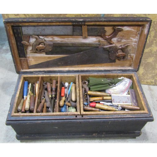 1094 - A Victorian pine blanket chest containing a quantity of woodworking and other tools, together with a... 