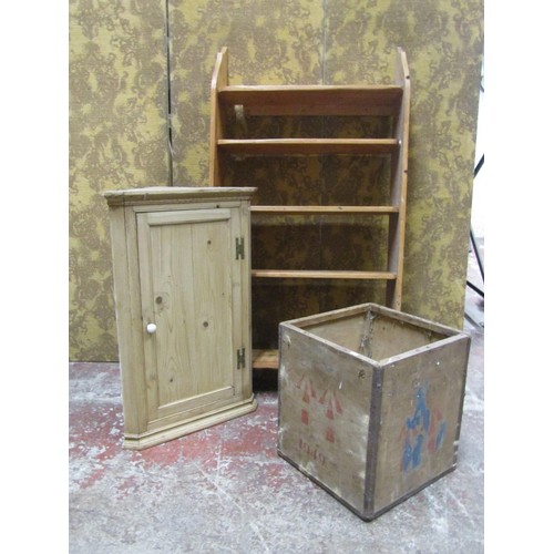 1081 - A stripped and waxed pine hanging corner cupboard with panelled door, a flight of open shelves and a... 