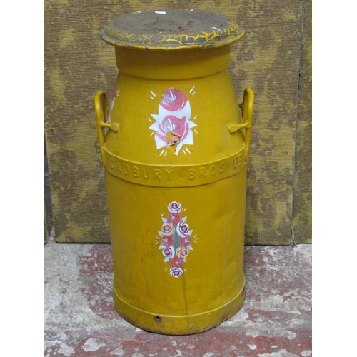 1082 - An over-painted (yellow) milk churn, a vintage swing letter/numerical display and a small shield sha... 