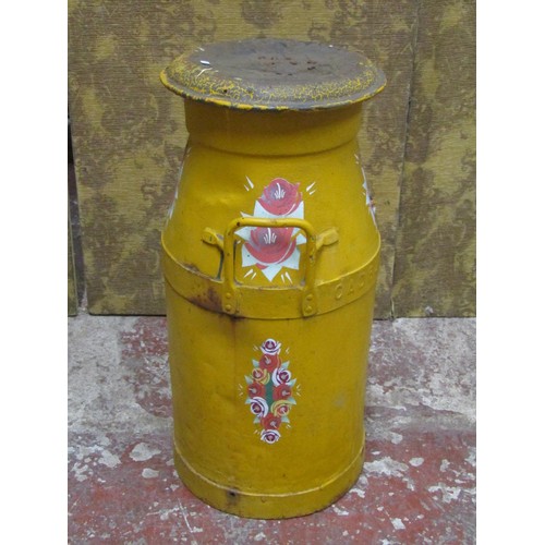 1082 - An over-painted (yellow) milk churn, a vintage swing letter/numerical display and a small shield sha... 