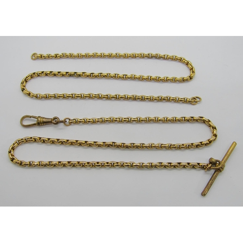 273 - Long antique 9ct chain, with attached base metal T-bar and Albert clasp, 32.6g gross