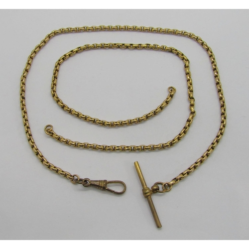 273 - Long antique 9ct chain, with attached base metal T-bar and Albert clasp, 32.6g gross