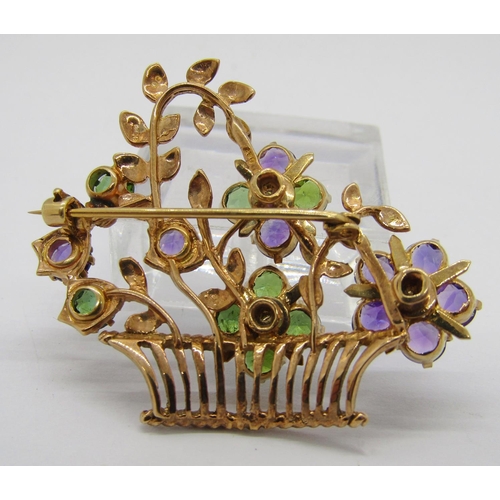 276 - Vintage 9ct giardinetto brooch set with amethyst, green gems and seed pearls, maker 'D&F', Birmingha... 