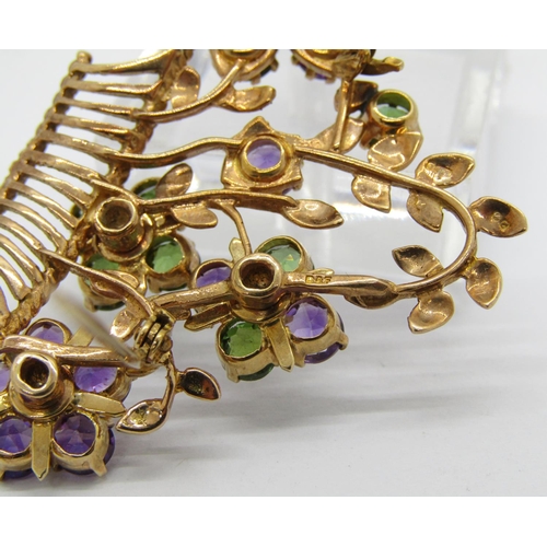 276 - Vintage 9ct giardinetto brooch set with amethyst, green gems and seed pearls, maker 'D&F', Birmingha... 