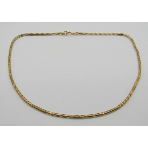 277 - Yellow metal snake chain necklace, clasp stamped '9ct', 42cm L approx, 15.6g