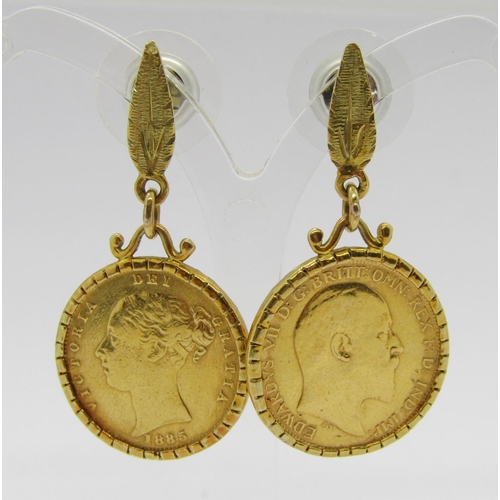 279 - Pair of 18ct half sovereign earrings dated 1885 and 1905, 10.9g (no butterflies)