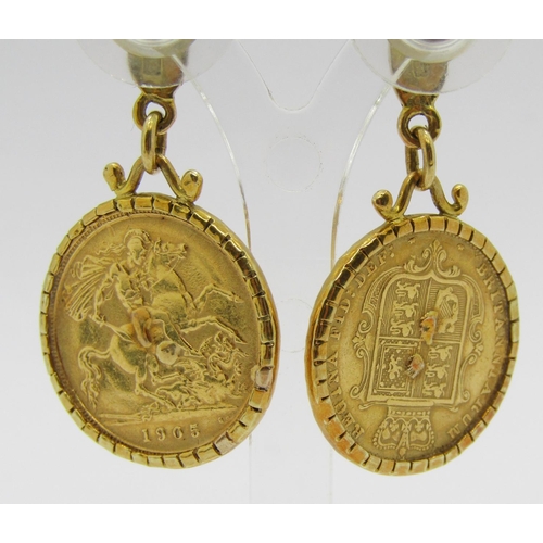 279 - Pair of 18ct half sovereign earrings dated 1885 and 1905, 10.9g (no butterflies)