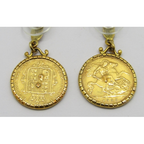 279 - Pair of 18ct half sovereign earrings dated 1885 and 1905, 10.9g (no butterflies)