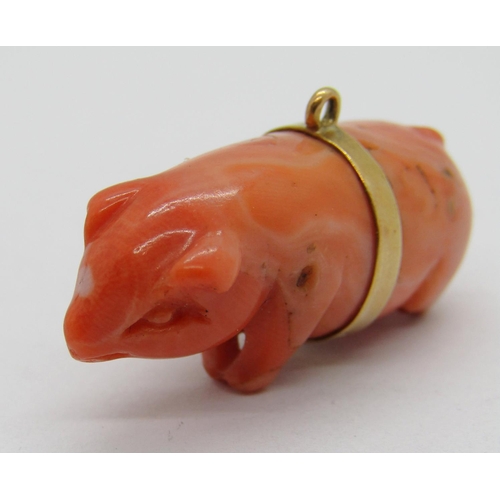 284 - Yellow metal mounted carved coral pig charm, 3cm L approx, 8.4g (back legs af)