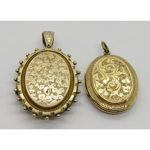 285 - Two antique Aesthetic Movement yellow metal lockets with engraved decoration