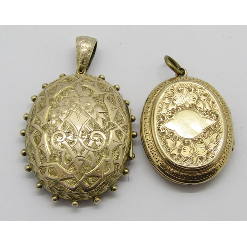 285 - Two antique Aesthetic Movement yellow metal lockets with engraved decoration