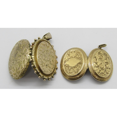 285 - Two antique Aesthetic Movement yellow metal lockets with engraved decoration