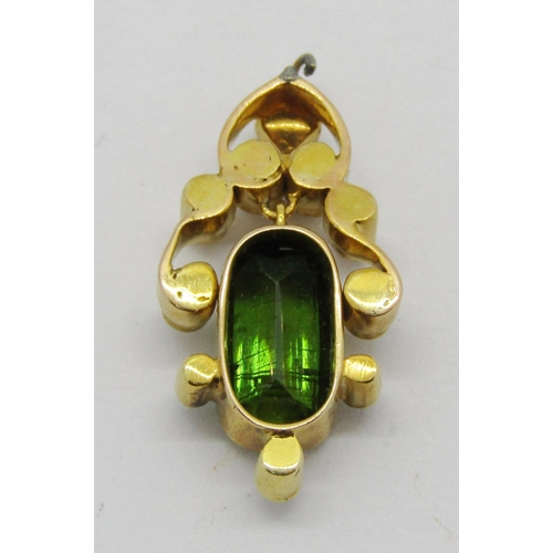 286 - Small section of yellow metal jewellery set with a green tourmaline and seed pearls, 2.3cm L approx,... 