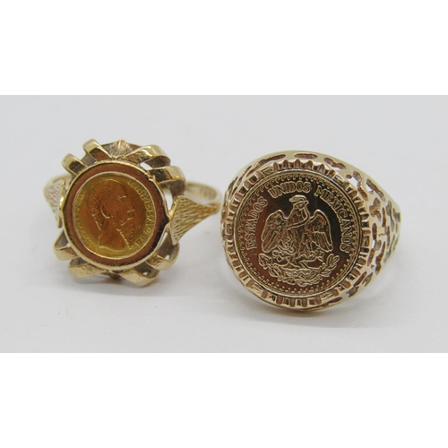 292 - Two vintage 9ct Mexican coin rings; a Maximiliano Emperador example and a Dos Pesos example, 6.1g