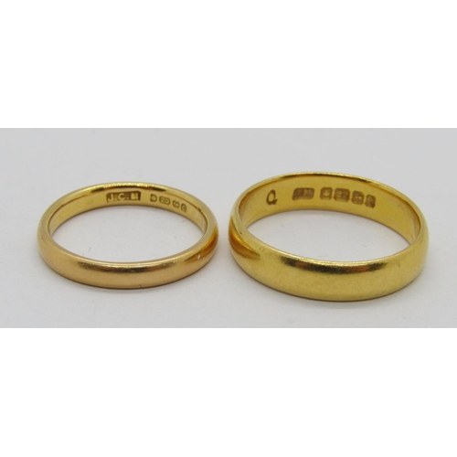 Two 22ct wedding rings, sizes K & P/Q, 8.2g total