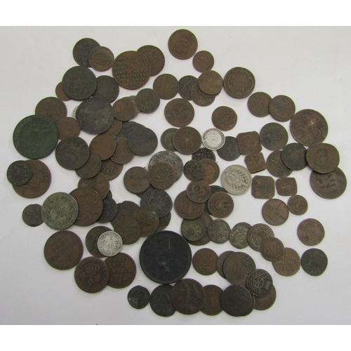 869 - An interesting collection of 18th and 19th century English and continental bronze coinage and tokens... 