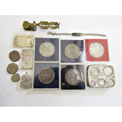 866 - A George III 1804 dollar, George III crown, two .999 silver 1oz ingots, sovereign scales, etc