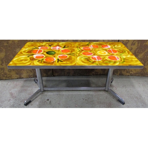 1157 - A vintage chrome frame occasional table of rectangular form with inset coloured ceramic panels, sign... 