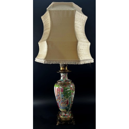 116 - A good 19th century Cantonese porcelain vase, later adapted as a table lamp decorated with character... 