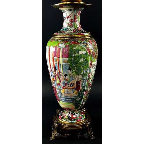 116 - A good 19th century Cantonese porcelain vase, later adapted as a table lamp decorated with character... 