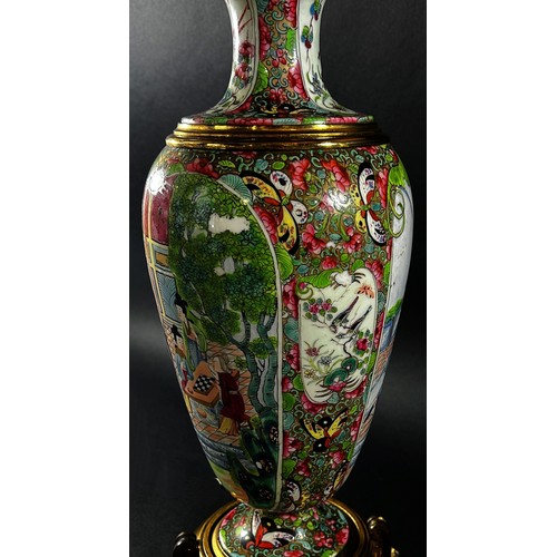 116 - A good 19th century Cantonese porcelain vase, later adapted as a table lamp decorated with character... 