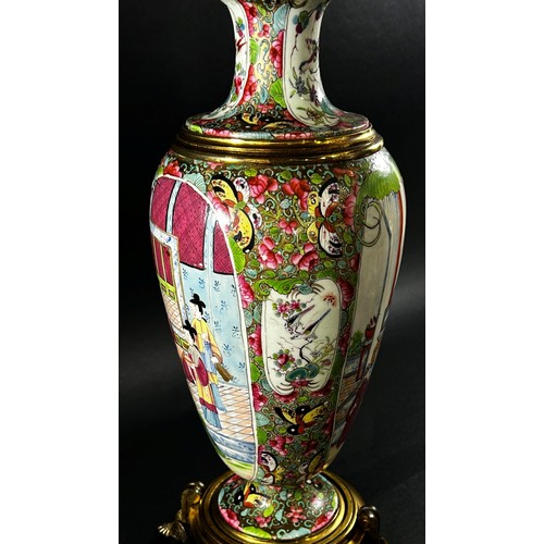 116 - A good 19th century Cantonese porcelain vase, later adapted as a table lamp decorated with character... 