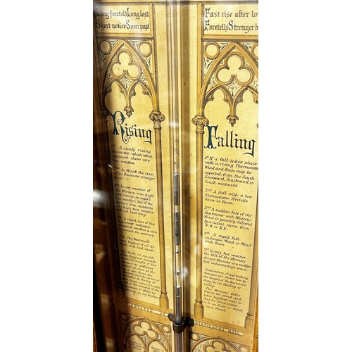 466 - A 19th century Admiral Fitzroy barometer with oak case, the back plate with printed detail and Gothi... 