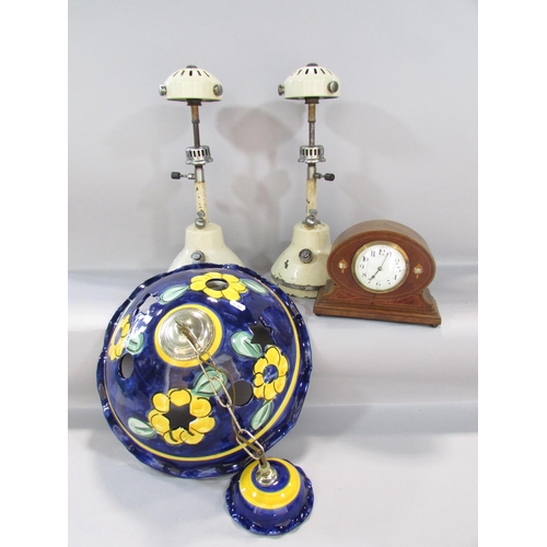 481 - A pair of Bialaddin pressure table lamps Model T.10, an Edwardian mahogany mantel clock inlaid with ... 