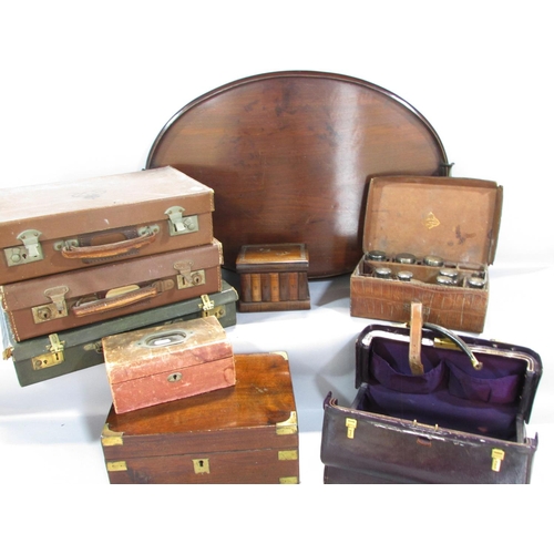 483 - A leather travel box with silver plated jars, Sorrento box, writing slope and Moroccan leather trave... 