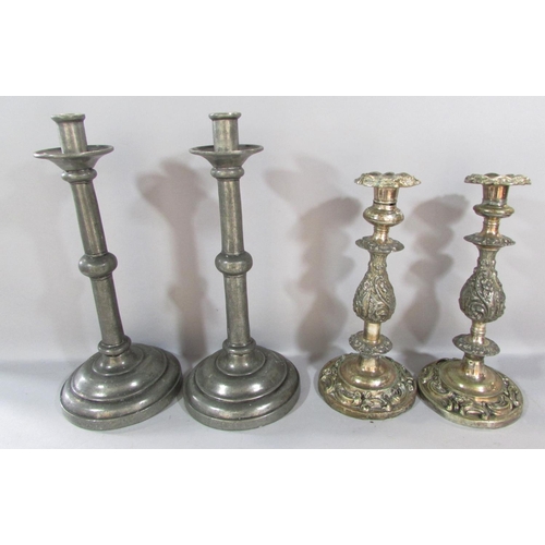 485 - A tall pair of pewter candlesticks, a pair of scrolled candlesticks, silver plate drinks trays etc.