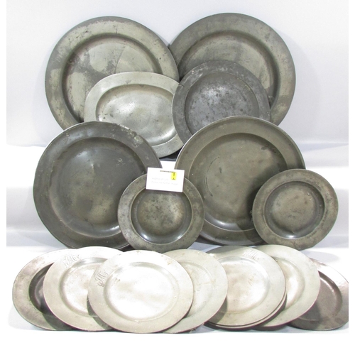 489 - A mixed selection of pewter, mainly consisting of tankards, plates and two large chargers with Mason... 