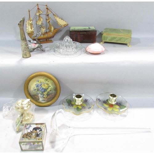 513 - Miscellaneous collection of items to include Blue Danube music box, onyx box, model boat, glass lemo... 