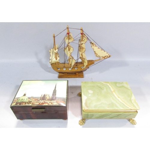 513 - Miscellaneous collection of items to include Blue Danube music box, onyx box, model boat, glass lemo... 