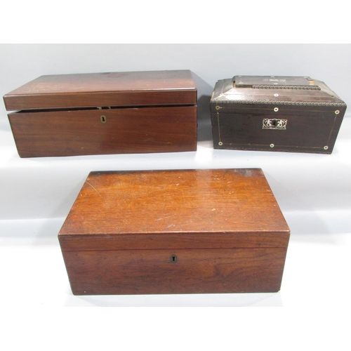 520 - A 19th century sarcophagus sewing box together with two 19th century writing slopes