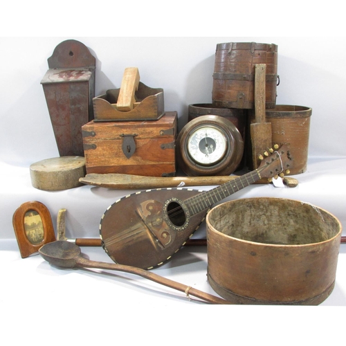 521 - Collection of treen items to include bushel measures, seed fiddle,  spoons, a mahogany tray, a walki... 