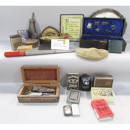 525 - A mixed collection to include penknives, coinage, badges, lighters, vintage costume jewellery, etc (... 