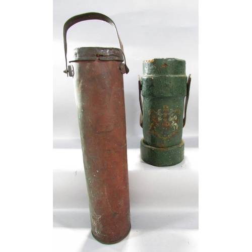 537 - An early 19th century military green canvas and cork cordite carrier with a leather and rope handle,... 