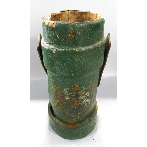 537 - An early 19th century military green canvas and cork cordite carrier with a leather and rope handle,... 