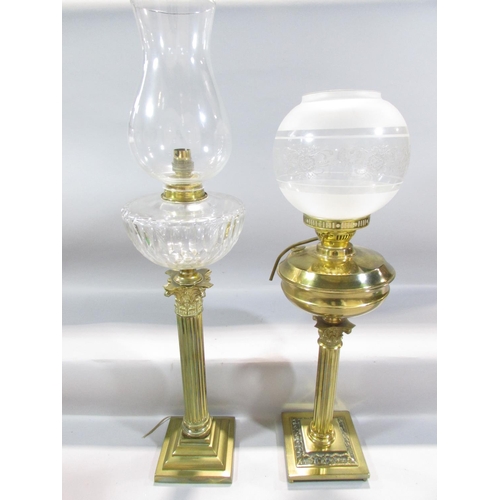 545 - Two similar converted brass Corinthian column oil lamps, one with a cut glass font, the other with a... 