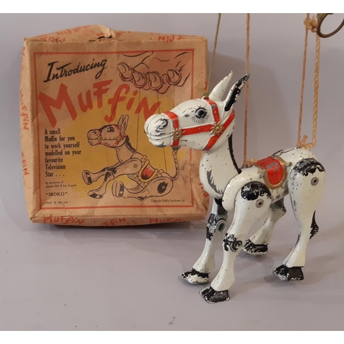 1719 - A Moko Lesney Muffin the Mule Junior string puppet, painted white and black metal body with red harn... 