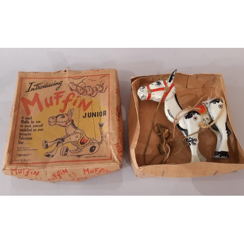 1719 - A Moko Lesney Muffin the Mule Junior string puppet, painted white and black metal body with red harn... 