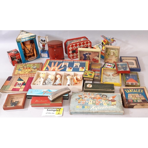 1726 - A large collection of vintage toy games and toys including Chess, Dominos, various card games, Monop... 