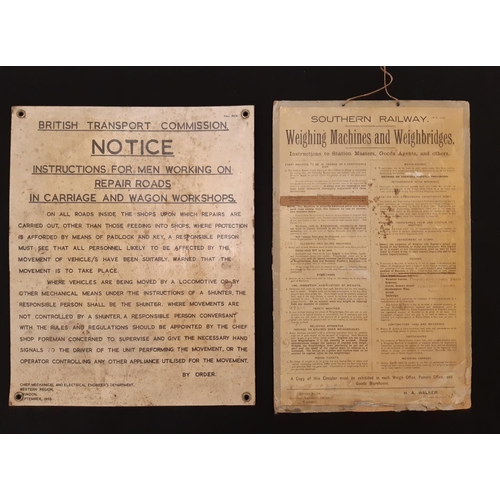 1744 - Two 1950's railway signs printed on board  comprising a Southern Rail Instructions Notice for 'Weigh... 