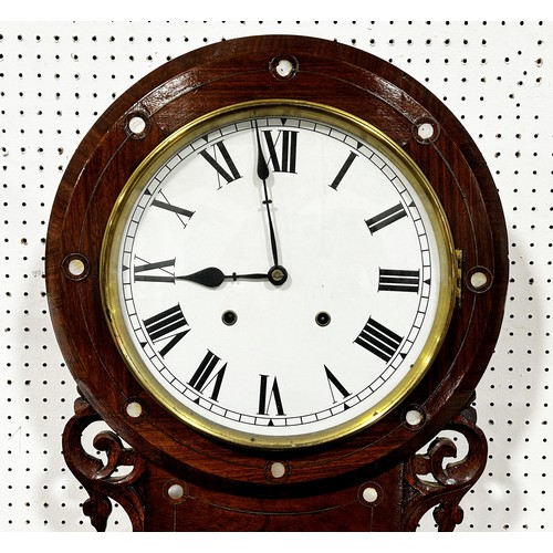 460 - A 19th century drop dial wall clock with mother of pearl and string inlaid detail and eight day stri... 